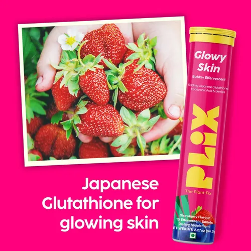 Miniatura 4 de PLIX Glowy Skin Suplemento de glutatión de 500 mg con ácido hialurónico, vitamina C, E y bayas 15 tabletas efervescentes, sabor fresa