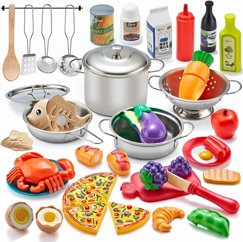 Kidsciety Accesorios de juego de simulación, juego de cocina para niños de 52 piezas con comida de juego, utensilios de cocina de acero inoxidable,
