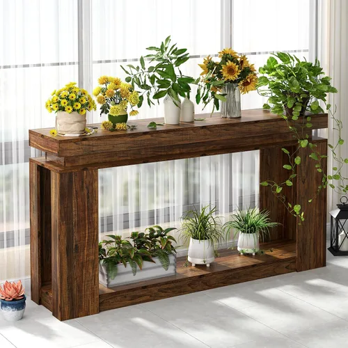 Miniatura 5 de Loomie - Mesa de consola larga de 63" con luces LED y toma de corriente, mesa de sofá de estilo granja de 2 niveles detrás del sofá