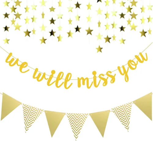 Cartel de graduación con purpurina dorada con texto en inglés "We Will Miss You and Triangle", pancarta de estrella en espiral para decoración de