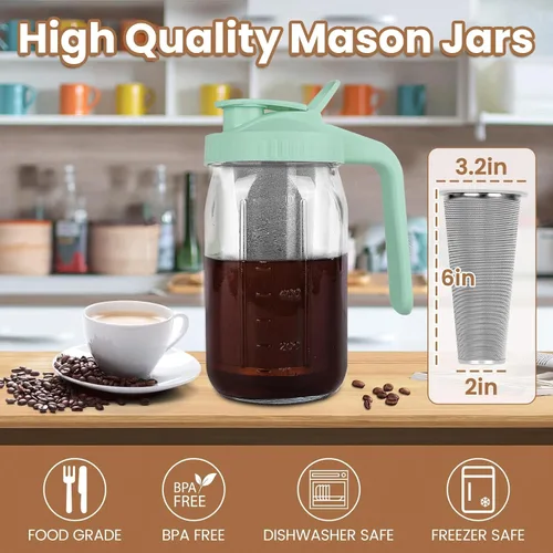 Miniatura 2 de Máquina para café de filtro frío, jarra de albañil de 32 onzas con filtro de acero inoxidable, tapa con asa de salida, vidrio resistente hermético