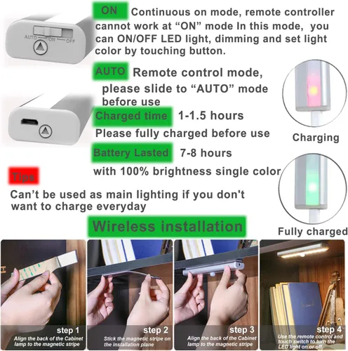 Miniatura 5 de LDOPTO Luces inalámbricas para debajo del gabinete, paquete de 4, luces recargables con control remoto, luces LED regulables para armario, luces
