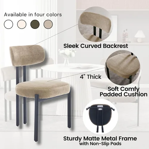 Miniatura 5 de LukeAlon Juego de 2 sillas de comedor de chenilla, modernas sillas de cocina sin brazos con respaldo curvado con patas de metal negro, sillas