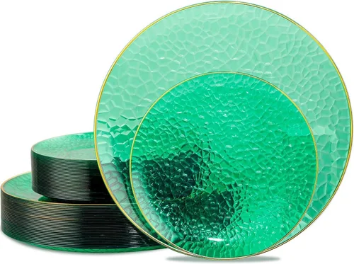 Miniatura 11 de Hioasis 60 platos de plástico verde y dorado, juego de vajilla desechable verde, 30 piezas de cena de 10.25 pulgadas y 30 platos de postre de 7.5