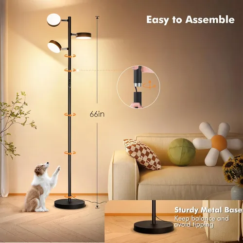 Miniatura 6 de Lámpara de pie de árbol Benaep para sala de estar - Moderna lámpara de pie negra, luz de suelo LED con control remoto y táctil, 3000K-6000K Negro