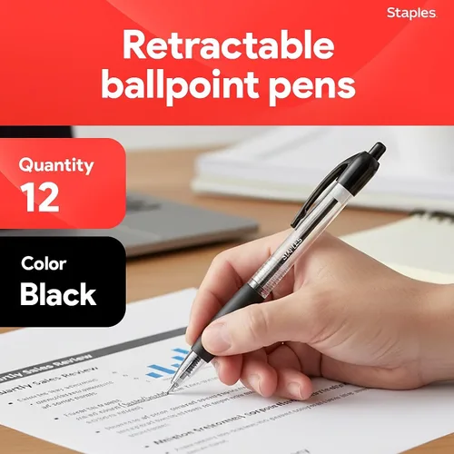 Miniatura 2 de STAPLES Bolígrafos retráctiles de punta media de 1.0 mm, tinta negra, paquete de 12 – Bolígrafos cómodos y de escritura suave para uso diario
