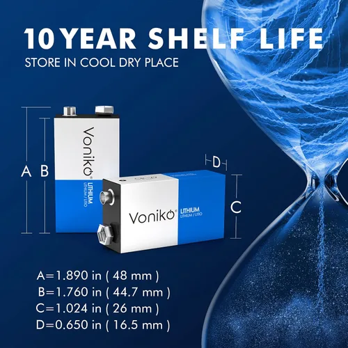Miniatura 3 de Voniko Batería de litio de 9 V, paquete de 2 unidades, vida útil de 10 años, energía de larga duración para detectores de humo, alarmas de monóxido