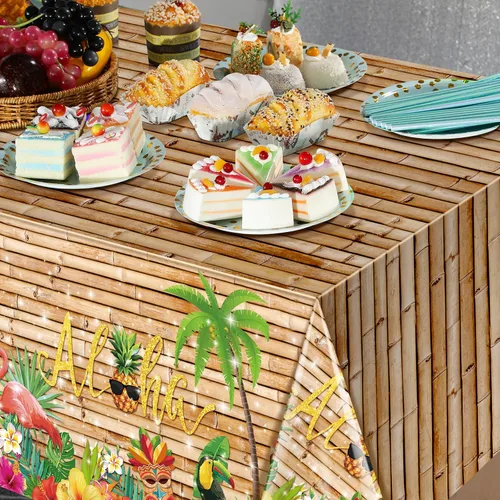 Miniatura 5 de Mantel hawaiano Luau de 3 piezas, mantel para fiesta de Tiki tropical, mantel rectangular desechable de plástico para Tiki Bar Tropical, verano