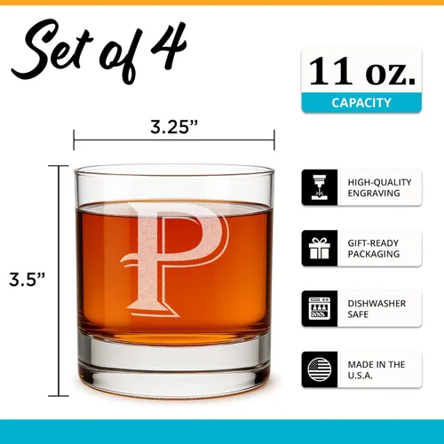 Miniatura 3 de On The Rox Drinks (P-Monogram) - Juego de 4 piezas de 11 onzas grabadas con base pesada, vasos elegantes de vidrio, multiusos, para bebidas, vasos