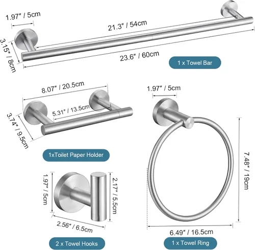 Miniatura 7 de TURS Juego de accesorios de baño de acero cepillado de 5 piezas, juego de barra de toalla de baño de acero inoxidable SUS304, kit de accesorios