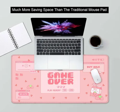 Miniatura 4 de Tapete de escritorio con leche de fresa, Kawaii rosa pastel, tapete de escritorio para juegos para juegos, lindas alfombrillas grandes para mouse