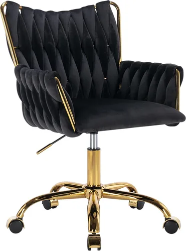 Miniatura 14 de Westice Silla de Escritorio de Terciopelo, Silla Cómoda Dorada para Oficina en Casa con Respaldo Tejido a Mano, Silla Giratoria de Altura Ajustable