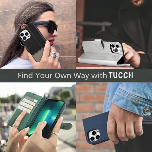 Miniatura 9 de TUCCH Funda tipo cartera para iPhone 13 Pro Max, con bloqueo RFID, ranura para tarjetas y soporte [funda interior de TPU a prueba de impactos], Azul