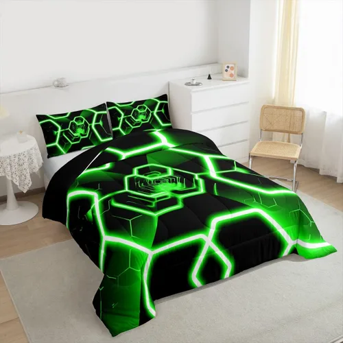 Miniatura 2 de Feelyou Juego de ropa de cama de panal de abeja, tamaño individual, juego de edredón hexagonal verde para niños y niñas, decoración geométrica