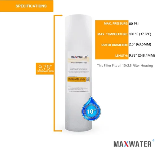 Miniatura 3 de Max Water Cartucho de filtro de agua de sedimentos de repuesto de 10 x 2.5 pulgadas, 5 micrones para toda la casa, fibra de filtración soplada por