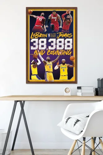 Miniatura 6 de NBA League - Póster de pared de LeBron James All-Time Scoring Leader, 34 pulgadas de largo x 22.4 pulgadas de ancho, versión enmarcada de caoba