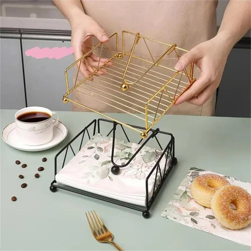 Miniatura 3 de Rustic Metal Napkin Holder Square Paper Organizer Kitchen Restaurant Tabletop(2 Gold)
