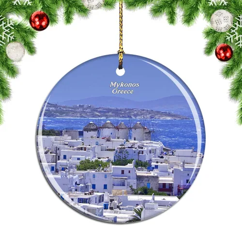 Grecia Mykonos - Adorno para árbol de Navidad, decoración colgante, decoración de recuerdo de viaje por la ciudad, porcelana de doble cara, 2.85