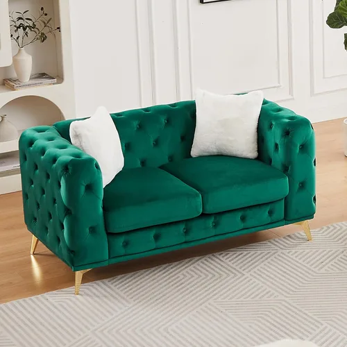 Miniatura 4 de KEIKI Sofá Chesterfield de terciopelo de lujo de 61 pulgadas con 2 almohadas, estilo mediados de siglo con botones copetudos de 2 plazas con cojines