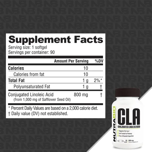 Miniatura 2 de NutraBio Suplemento de ácido linoleico conjugado CLA, 800 mg, 90 cápsulas blandas