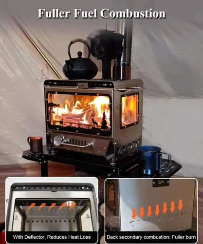 Miniatura 2 de TOMOUNT Estufa de tienda caliente,Estufa de leña con base de marco,con 7 tubos de chimenea,Acero inoxidable 304 con ventana de vidrio resistente al