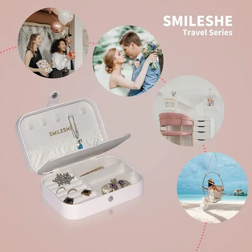 Miniatura 3 de Smileshe Joyero, estuche de viaje portátil de piel sintética, organizador de 2 capas, caja de almacenamiento para anillos, aretes, collares, pulseras