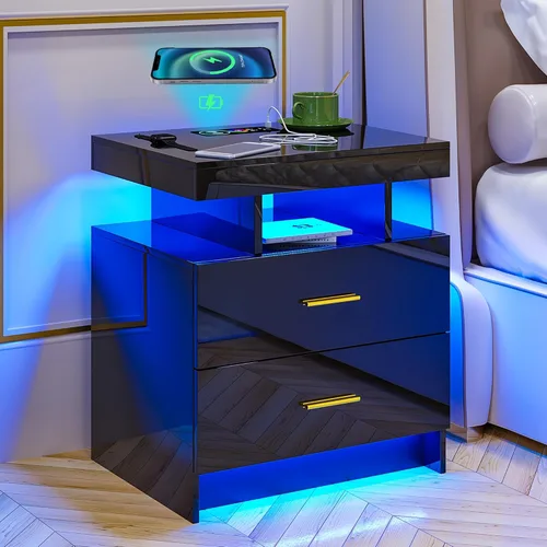 Miniatura 19 de HNEBC Mesita de noche LED, RGB blanco con estación de carga USB/inalámbrica, moderna mesita de noche con sensor automático de luces RGB, mesa blanco
