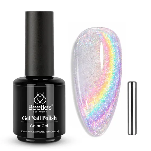 Beetles - Esmalte de uñas de gel ojo de gato plateado - 15ml, esmalte de uñas de gel plateado de Navidad con purpurina arcoíris y ojo de gato con F