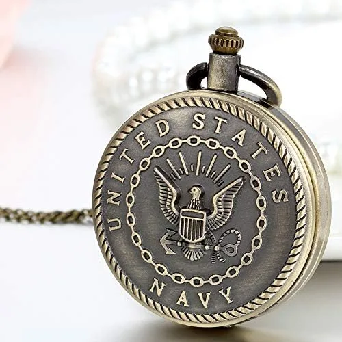 Miniatura 3 de JewelryWe Reloj de bolsillo retro de bronce para hombre, reloj de cuarzo de veteranos del Cuerpo de Marines de los Estados Unidos para Navidad