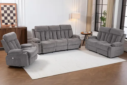 Miniatura 11 de Juego de sofá reclinable manual, 3 piezas con bolsillos laterales, portavasos para cine en casa, oficina (azul, sofá biplaza+silla)