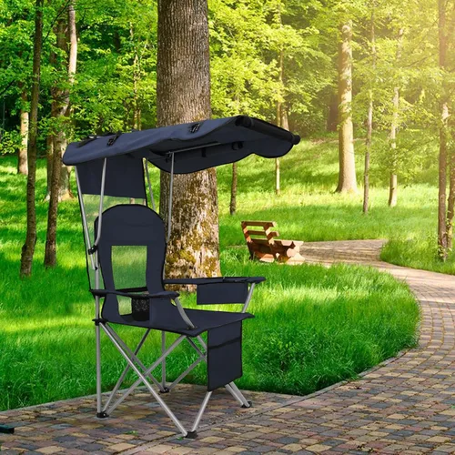 Miniatura 2 de Silla de camping BDL con toldo plegable portátil, sillas de playa con enfriador, respaldo de malla, portavasos y bolsillo para acampar, pesca, playa
