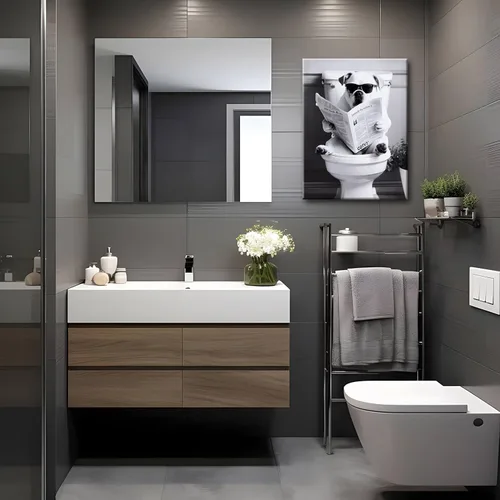 Miniatura 8 de Divertida imagen de baño para decoración de pared, periódico de lectura de perros en el inodoro, arte de pared enmarcado en blanco y negro