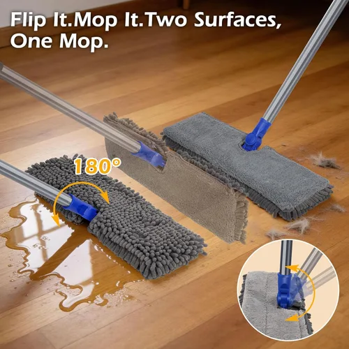 Miniatura 2 de MASTERTOP Escoba de microfibra para polvo, trapeadores planos de doble cara para pisos de madera dura con 4 almohadillas reutilizables, trapeadores