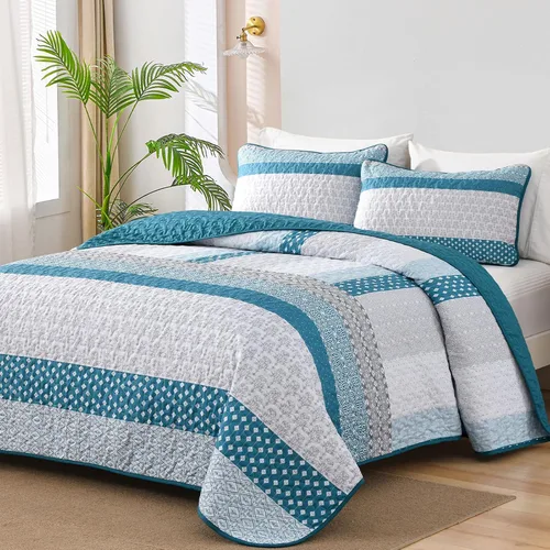 WONGS BEDDING Edredón Azul Gris Tamaño Queen, Juegos de Edredón de Rayas Bohemias 3 Piezas Azul y Gris Boho Juego de Colcha Acolchada de Microfibra