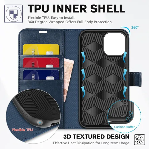 Miniatura 4 de TUCCH Funda tipo cartera para iPhone 12 Pro/iPhone 12 5G, [carcasa interior de TPU a prueba de golpes], funda de cuero sintético PU con tarjetero