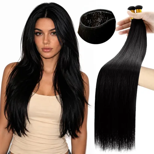 Miniatura 27 de Moresoo - Extensiones de cabello humano real cosidas, Remy, lacio, doble trama, color negro jet, 14 pulgadas, 3.53 onzas