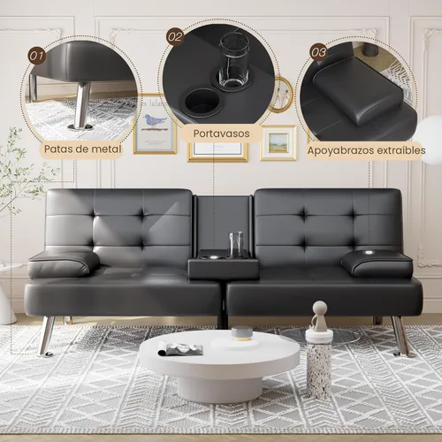 Miniatura 5 de Shahoo - Sofá cama convertible tipo futón plegable para sala de estar, sofá cama con respaldo tapizado de cuero sintético, sillón con reposabrazos