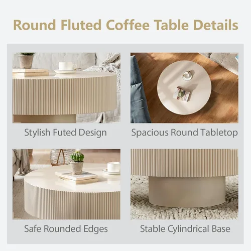 Miniatura 5 de Moderna mesa de centro redonda acanalada, mesa de centro de madera de tambor contemporáneo con base cilíndrica, mesa central circular para sala