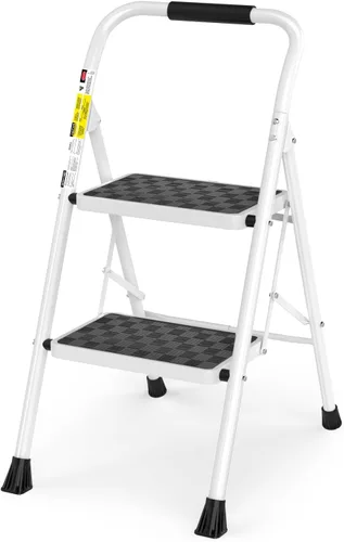 HBTower Escalera de 2 escalones, Taburete de 2 escalones para adultos. Taburete plegable con mango acolchado con escalón ancho antideslizante,