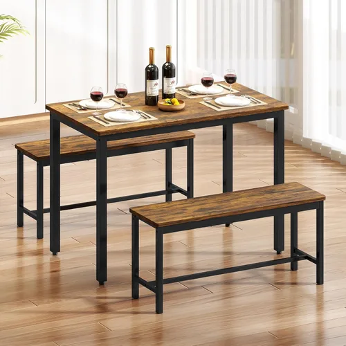 Miniatura 12 de Rovibek Juego de mesa de comedor para 4, mesa de cocina moderna que ahorra espacio con 2 bancos tapizados y pies ajustables, mesa de desayuno