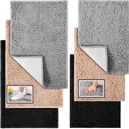 Juego de 6 alfombras de baño de felpilla antideslizantes, alfombras de baño de felpa suave, absorbentes, juego de alfombras de baño peludas,