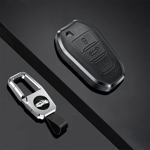 Miniatura 3 de SANRILY para la llave de Peugeot cubierta de metal cuero Smart Key Shell, Negro