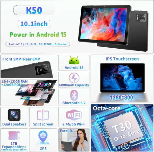 Miniatura 2 de Tablet de 10 pulgadas, tableta Android de 10 pulgadas, tableta Android 15 con 18 GB de RAM 128 GB de ROM, 1 TB expandible, Widevine L1, procesador