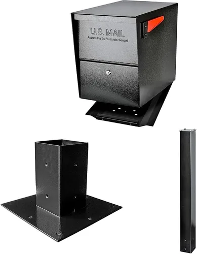 Mail Boss 7206 Package Master - Buzón de seguridad con bloqueo en la acera, mediano, negro, placa base de montaje en superficie y poste de montaje