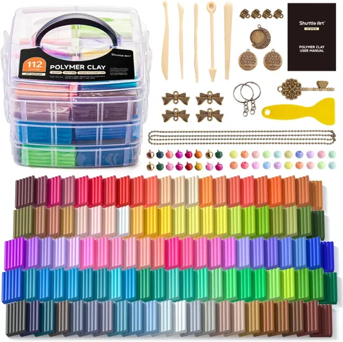 Shuttle Art - Kit de arcilla polimérica de 112 colores, arcilla para horno para niños, 20 herramientas para esculpir, 16 accesorios, manualidades