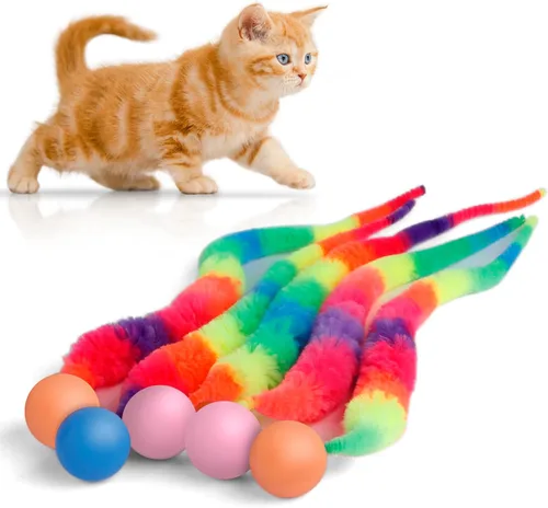 Miniatura 8 de SHENGSEN Pelota que Rebota con Cola Juguetes para Gatos-5 Paquetes, Gusano Mágico con Juguete de Pelota Grande y Colorida para Gatos, Pelotas que
