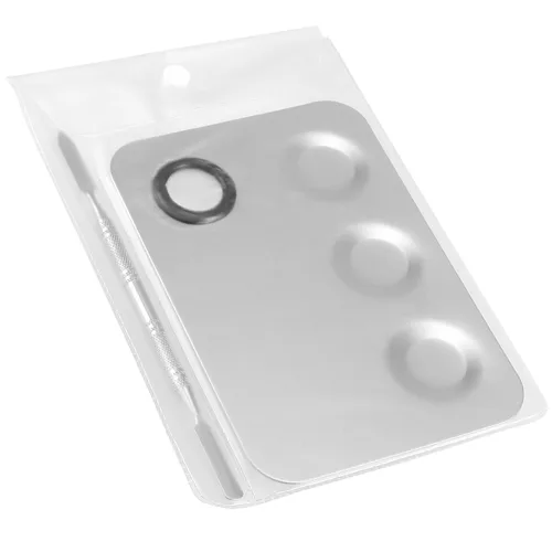 Miniatura 3 de SEUNMUK Paquete de 6 paletas de cosméticos de acero inoxidable de 6 x 4 pulgadas con espátula, paleta de maquillaje de 3 pocillos, bandeja de metal