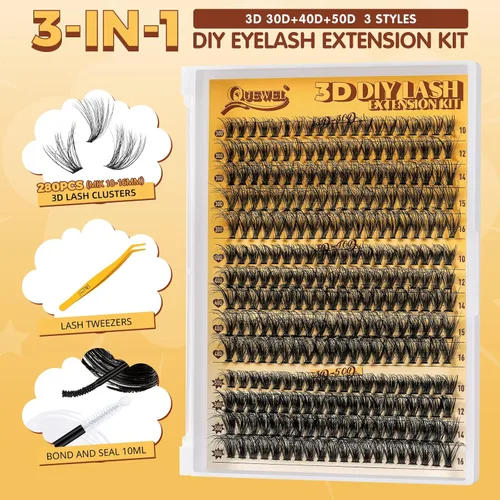 Miniatura 3 de QUEWEL Kit de extensión de pestañas DIY, racimos de pestañas 3D con 280 piezas, racimos de pestañas mixtas de 10-16 mm (30+40+50D), pinzas