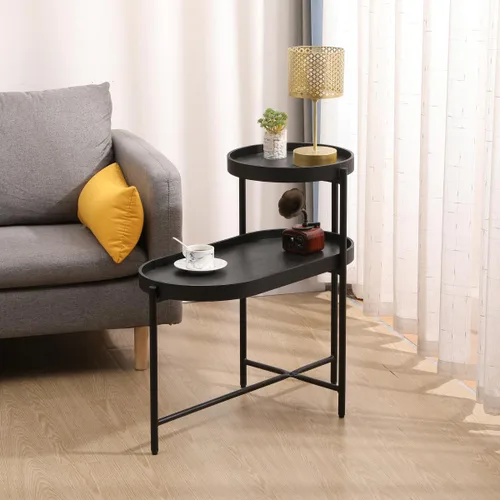 Miniatura 14 de Mesa auxiliar moderna de 2 niveles con estante tejido, mesa auxiliar pequeña bohemia para sala de estar, sofá, patio, oficina en casa, mesa Nogal_2