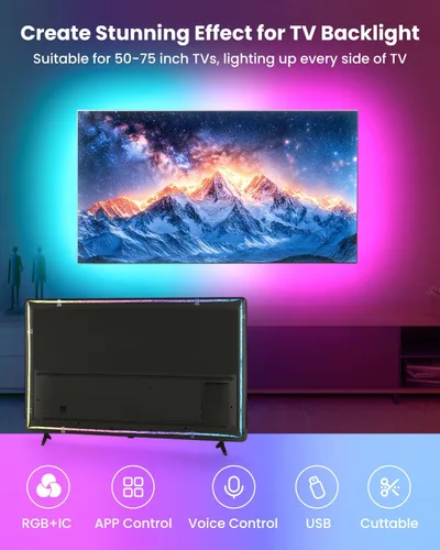 Miniatura 2 de Luces LED RGB+IC de 9.84 pies para TV de 32 a 43 pulgadas, tira de retroiluminación detrás de la TV con sincronización de música, aplicación